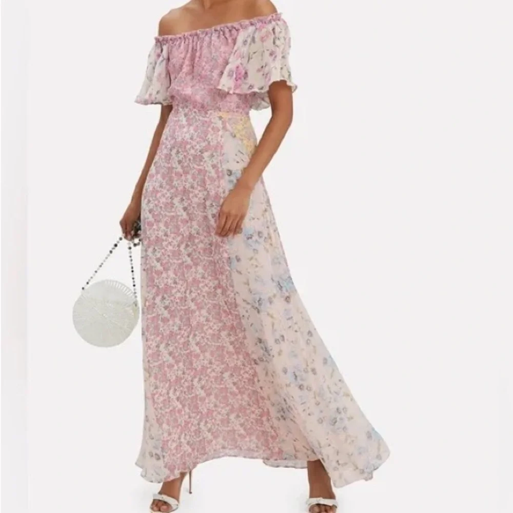 LoveShackFancy Evelyn Pink Multi Floral Maxi Silk Off the Shoulder Dress EUC 6 - Picture 2 of 11